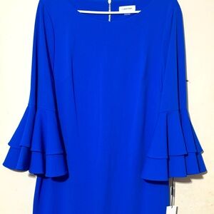 size 14 Calvin Klein Dress with bell sleeves, royal blue, brand new with tags!